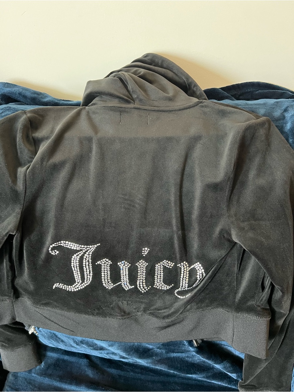 Juicy Couture Black Velour Zip Hoodie with Logo Trim